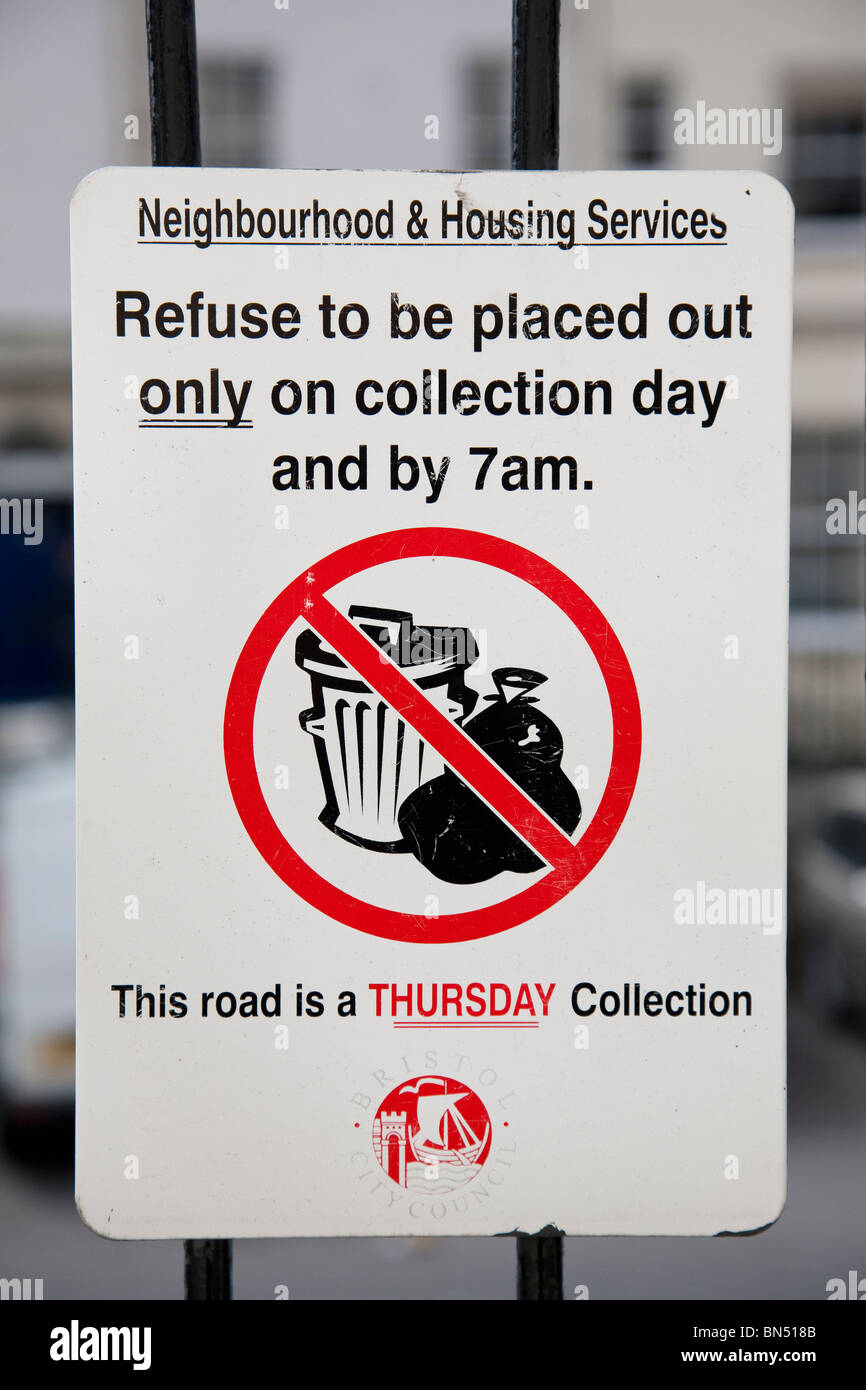 A refuse collection notice, Clifton, England. Stock Photo