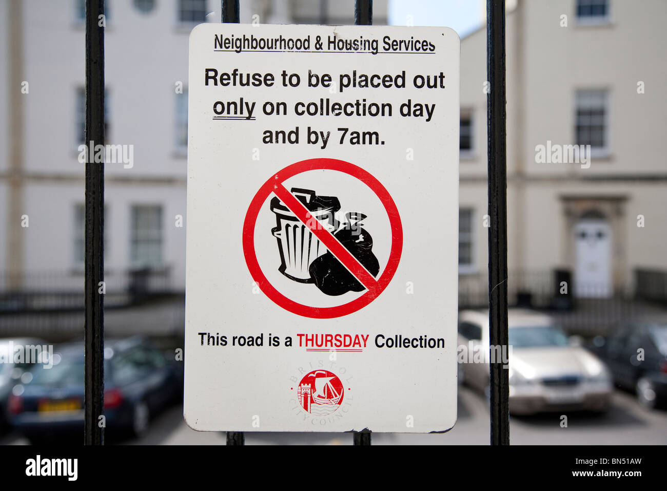 A refuse collection notice, Clifton, England. Stock Photo