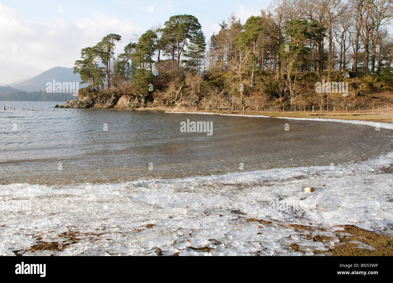 Wind driven ice on the shore line at Friars Crag Derwent Water Stock Photo