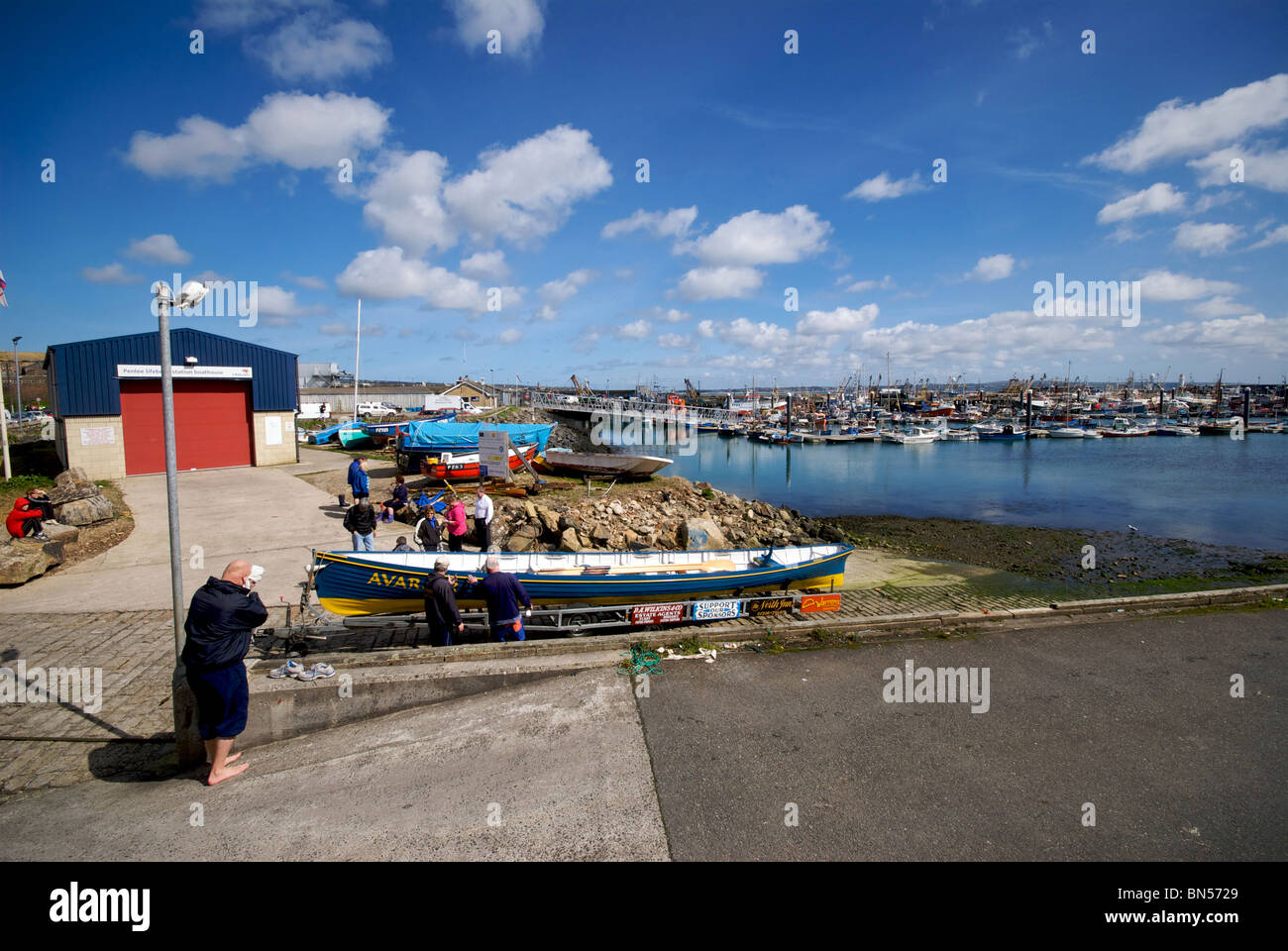 Newlyn Cornwall UK Harbour Harbor Quay Fishing Boats Gig Stock Photo Alamy