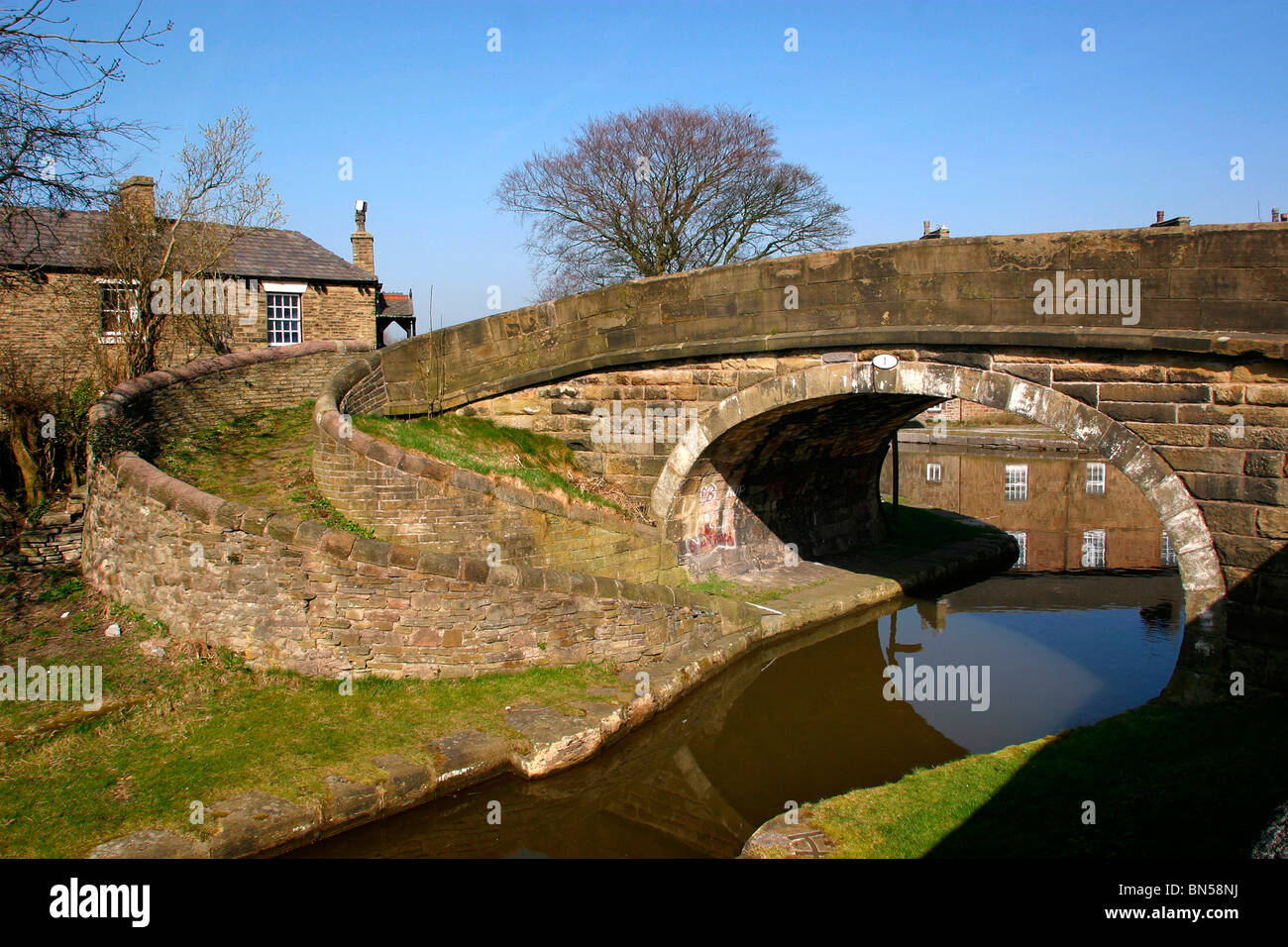 UK, England, Cheshire, Stockport, Marple, circular bridge at junction of Macclesfield and Peak Forest Canals Stock Photo