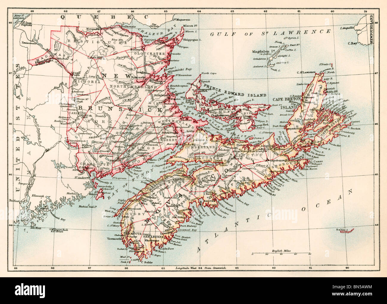 Map of Nova Scotia, Prince Edward Island, and New Brunswick, 1870s. Color lithograph Stock Photo