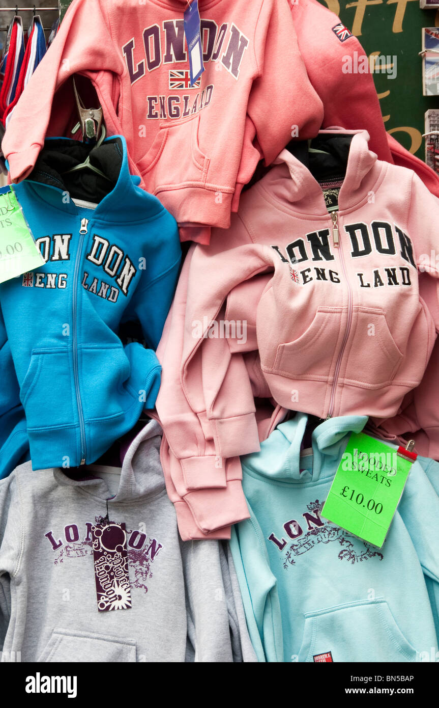 Souvenir hoodeed sweatshirts for sale on a stall in London, England Stock Photo
