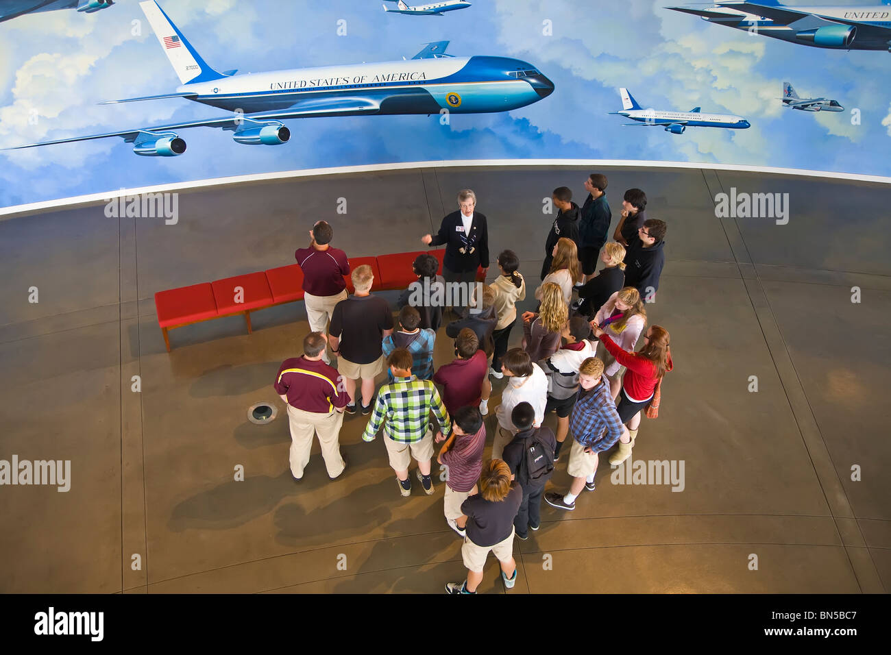 Group tour in the Air Force One Pavillion at the The Ronald Reagan Presidential Library and Museum in Simi Valley California Stock Photo