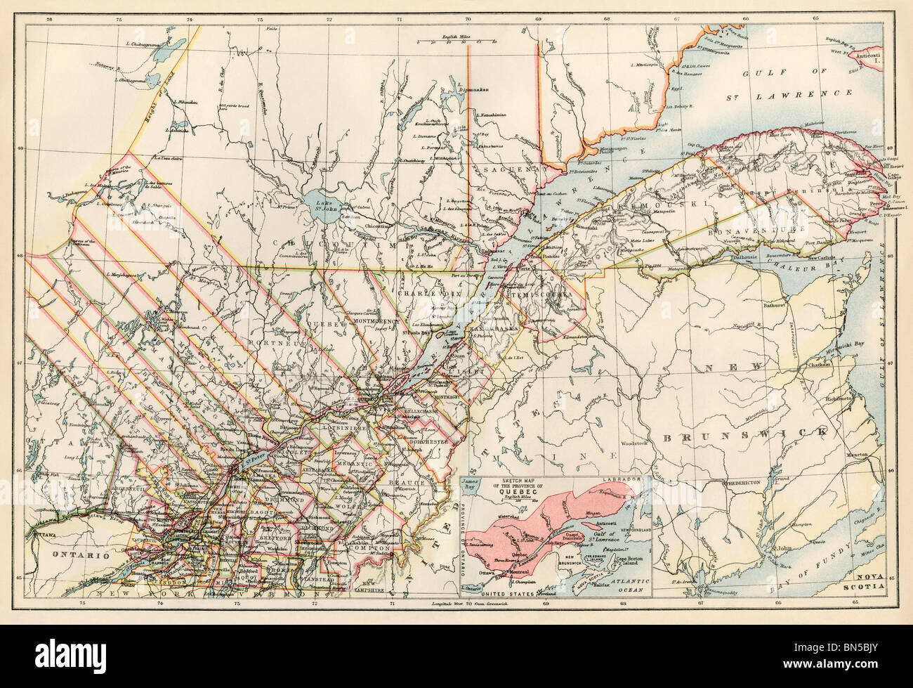 Map of Quebec province, Canada, 1870s. Color lithograph Stock Photo