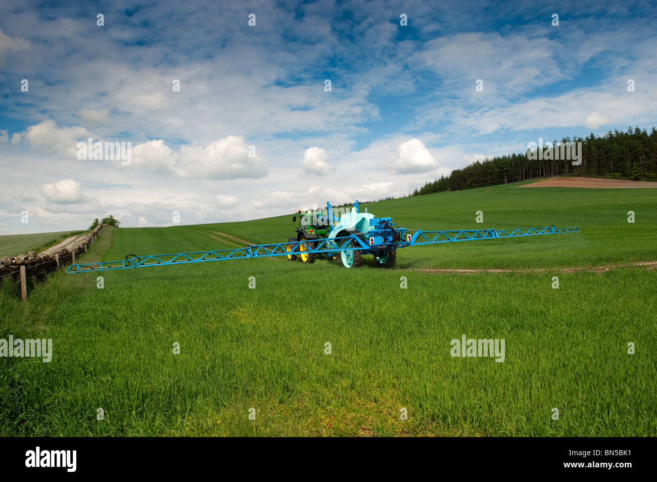Spraying crop of Spring Barley with herbicide Stock Photo Alamy