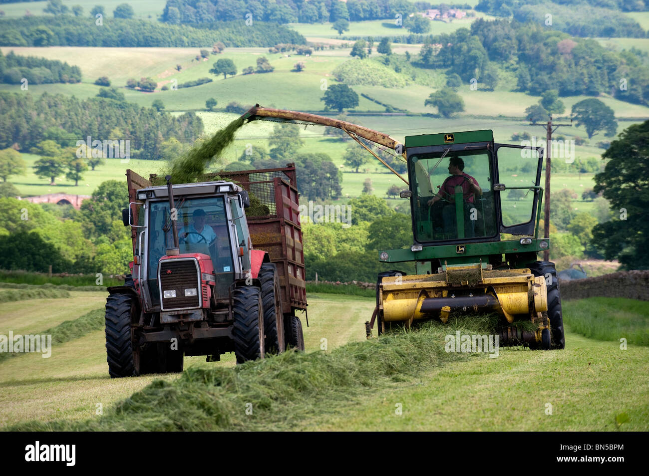 Harvesting grass to make silage for winter livestock feed Stock Photo
