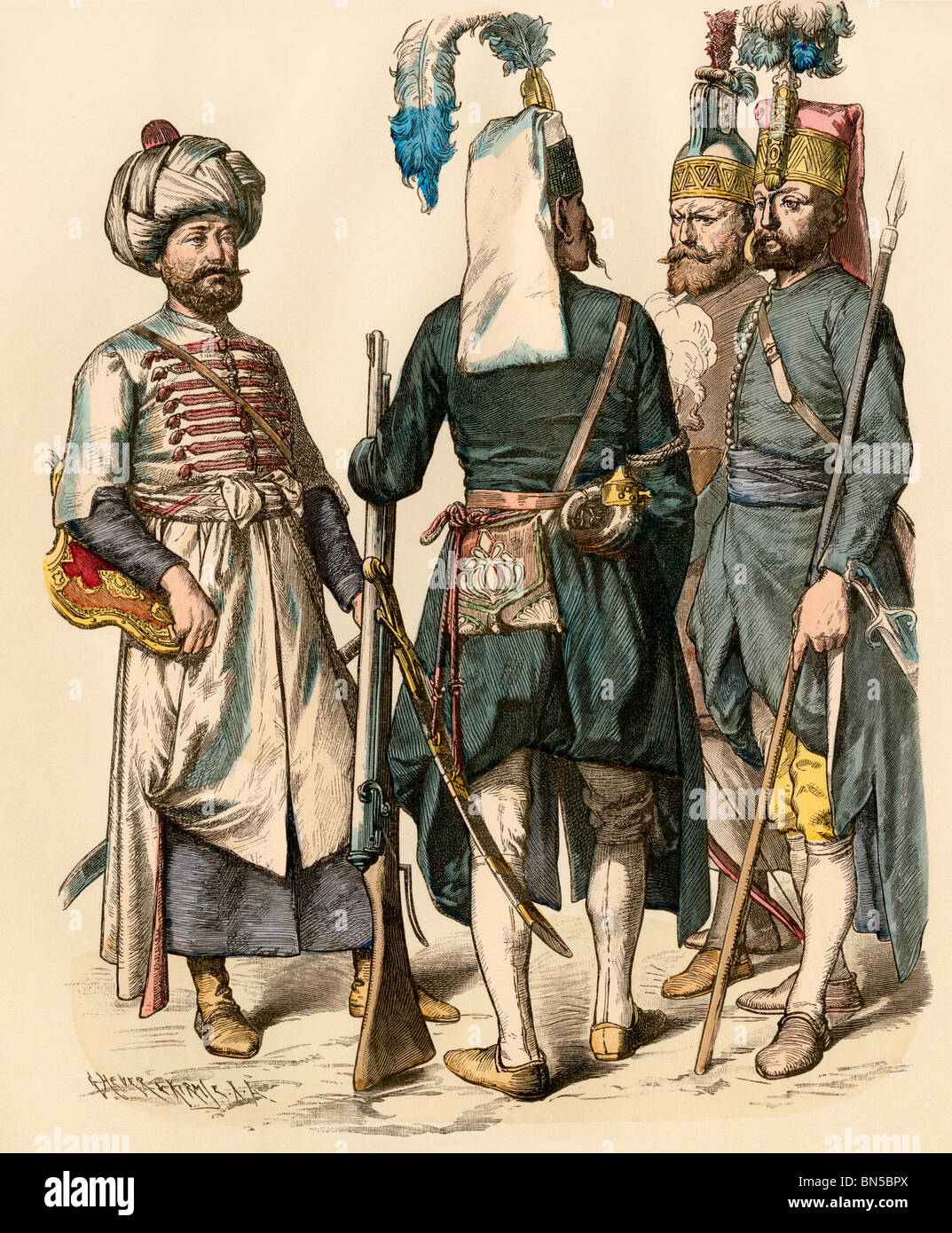 Turkish soldiers, first half of the 18th century. Hand colored print