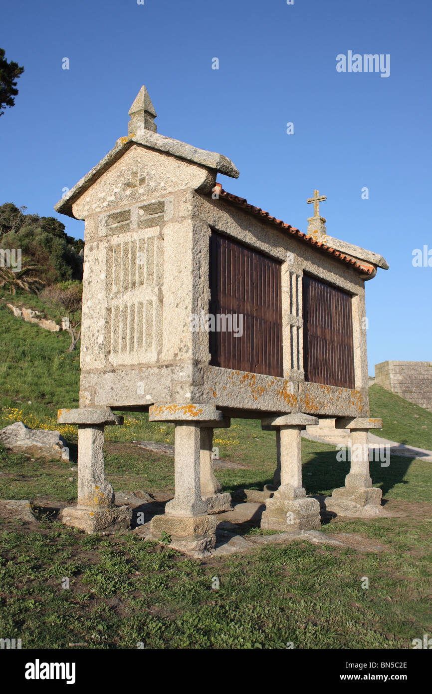 Traditional Galician raised grain store at Baiona, Rias Bajas, Galicia, Spain Stock Photo
