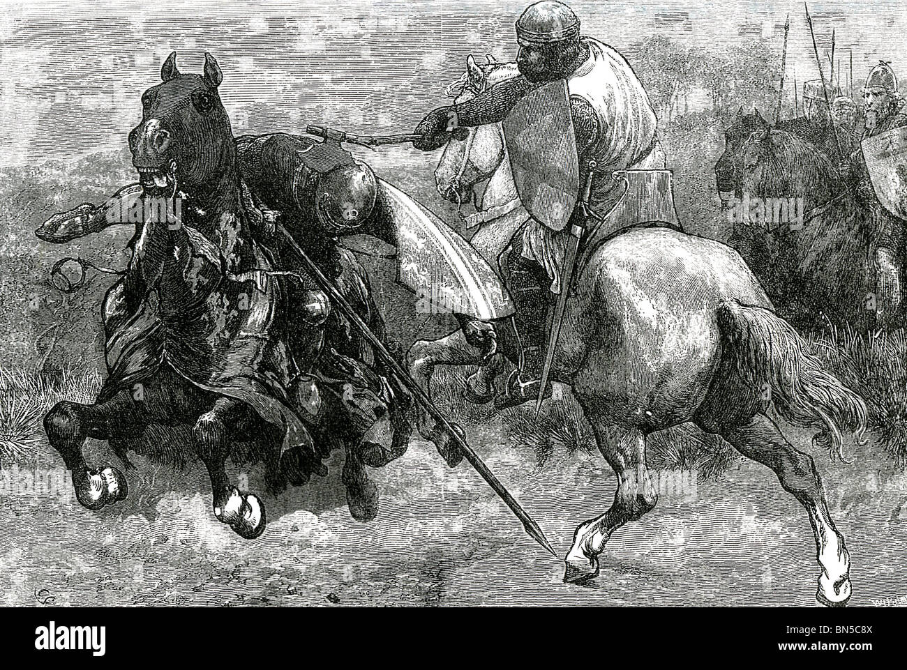 ROBERT THE BRUCE  King of Scotland kills an English knight at the Battle of Bannockburn 24 June 1314 Stock Photo