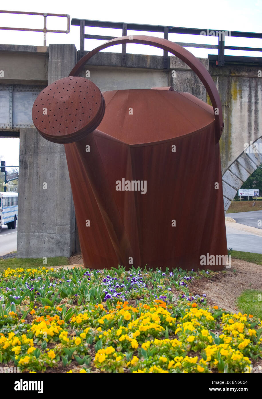 Giant metal watering can in Staunton, Virginia. Stock Photo