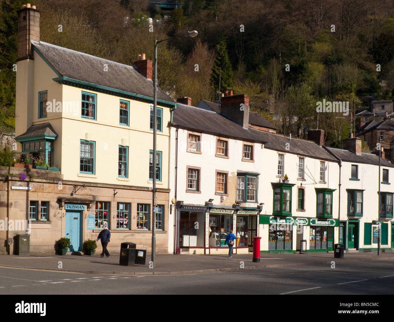 Shops and houses on North Parade in Matlock Bath in the Derbyshire Peak ...