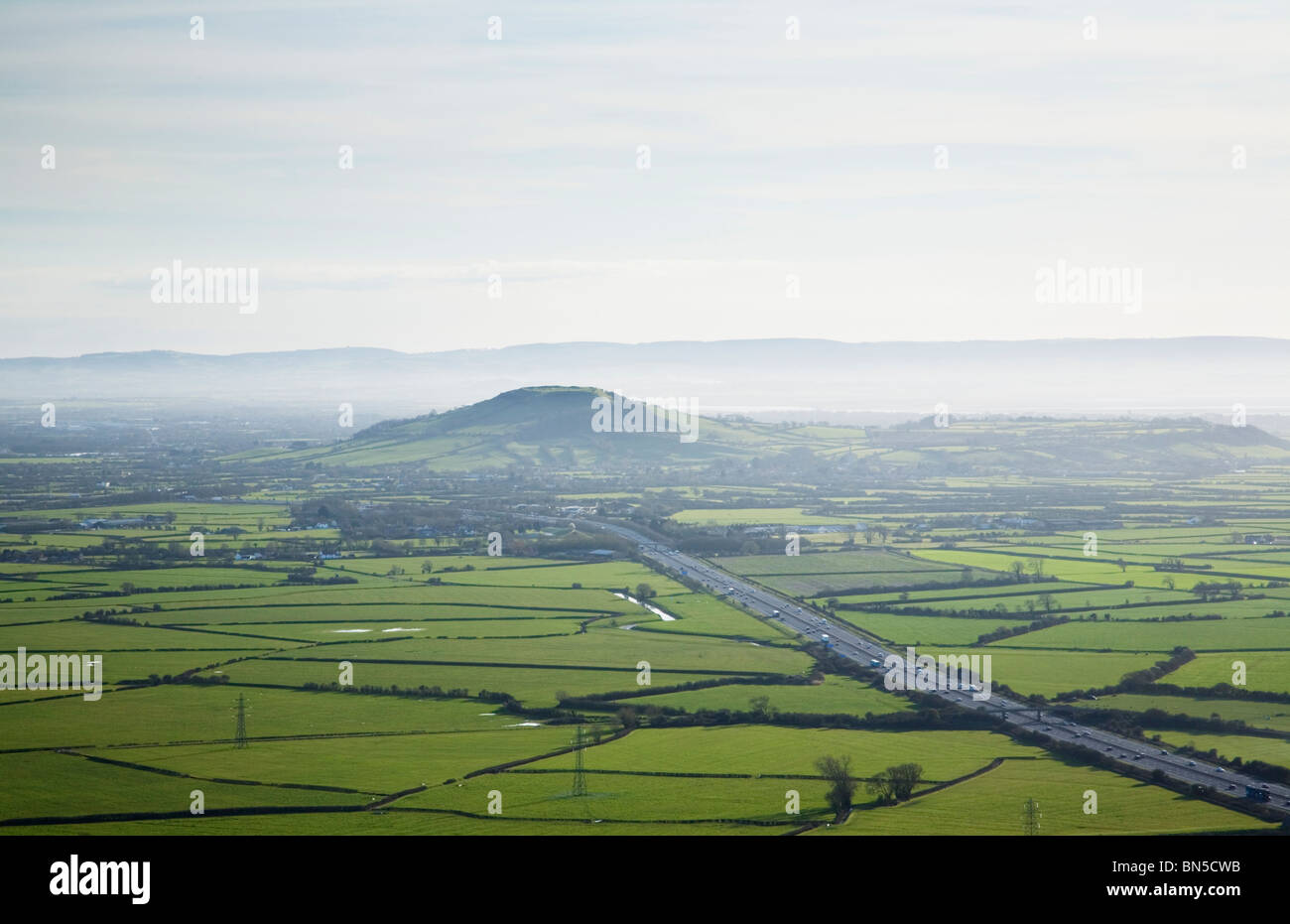 The M5 and the Somerset Levels with Brent Knoll and the Quantock Hills in the Distance. Somerset. England. UK. Stock Photo