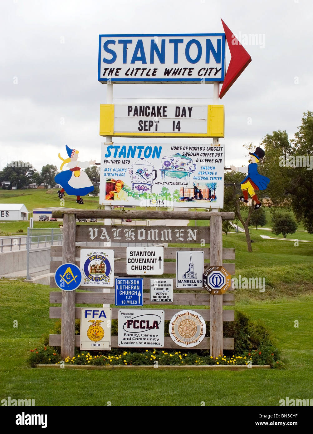 Welcome to Stanton, Iowa the Little White City sign. Stock Photo