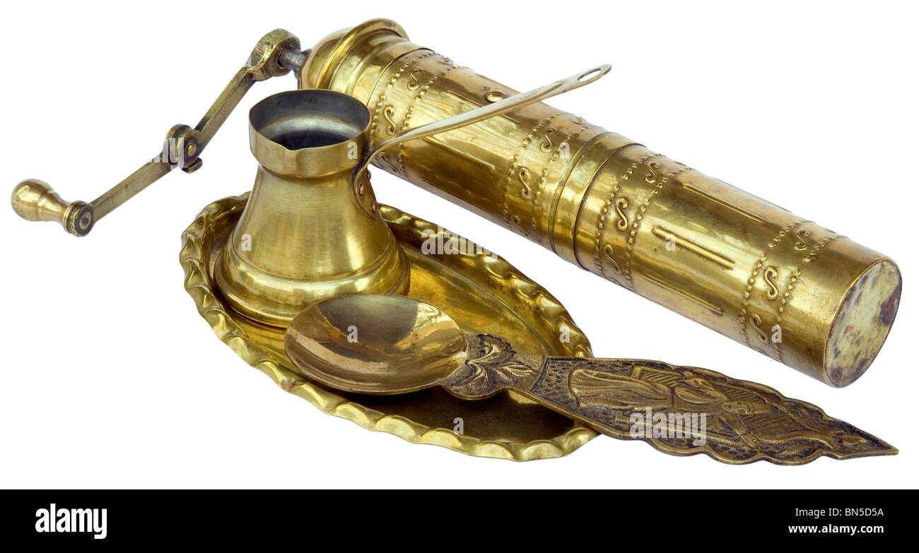 Oriental brass appliance for making and serving coffee isolated with clipping path Stock Photo