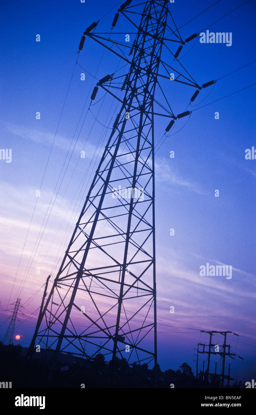 Late afternoon sky electric utility industrial power grid Stock Photo