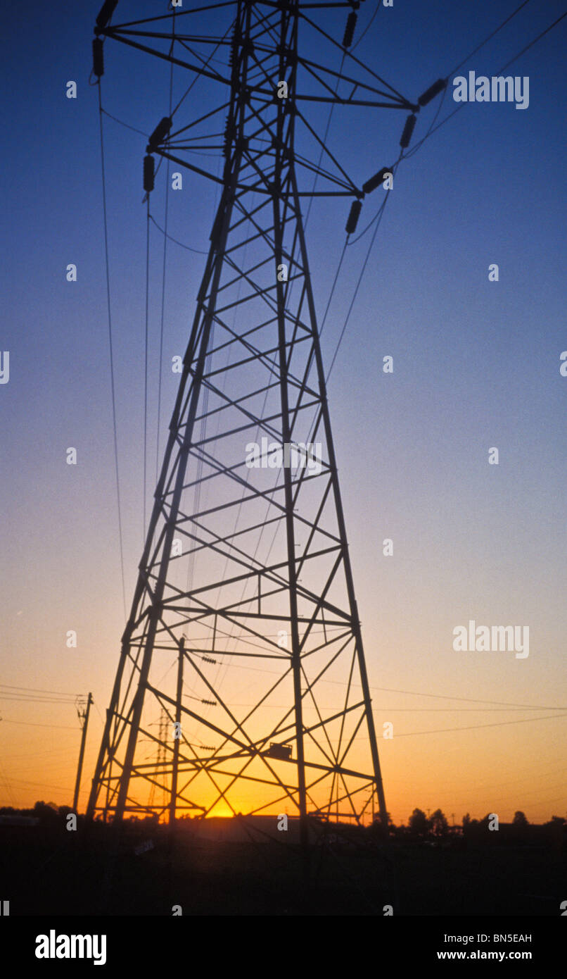 Late afternoon sky electric utility industrial power grid Stock Photo