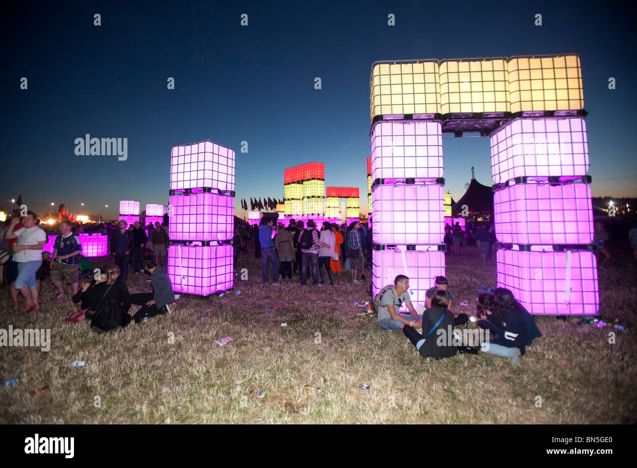 Cubehenge - stonehenge recreated out of glowing coloured cubes, Dance arena, Glastonbury festival 2010 Stock Photo