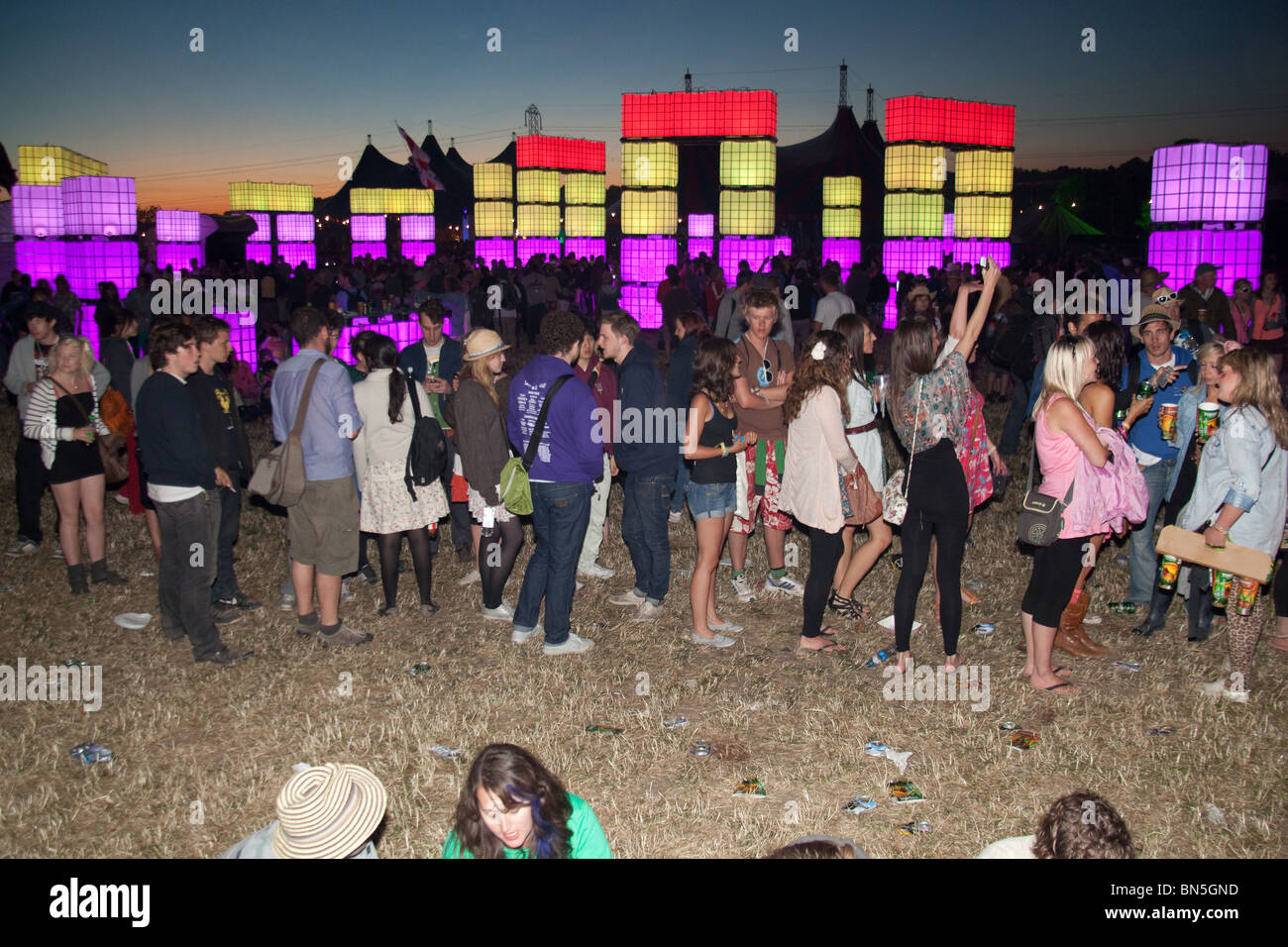 Cubehenge - stonehenge recreated out of glowing coloured cubes, Dance arena, Glastonbury festival 2010 Stock Photo