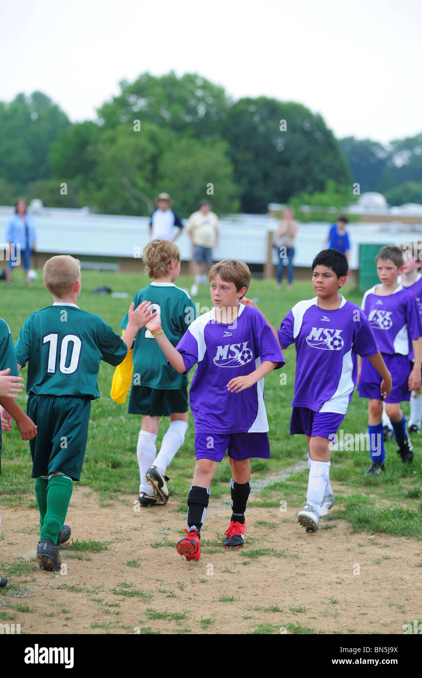 Boys Youth Soccer Football Touching Hands After A Game Stock Photo Alamy