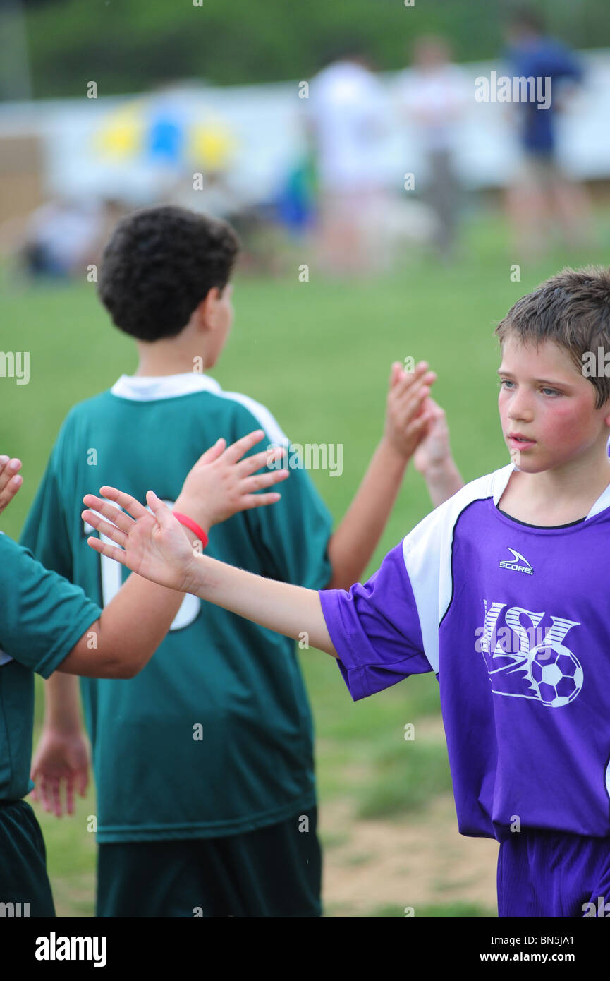 Boys Youth Soccer Football Touching Hands After A Game Stock Photo Alamy