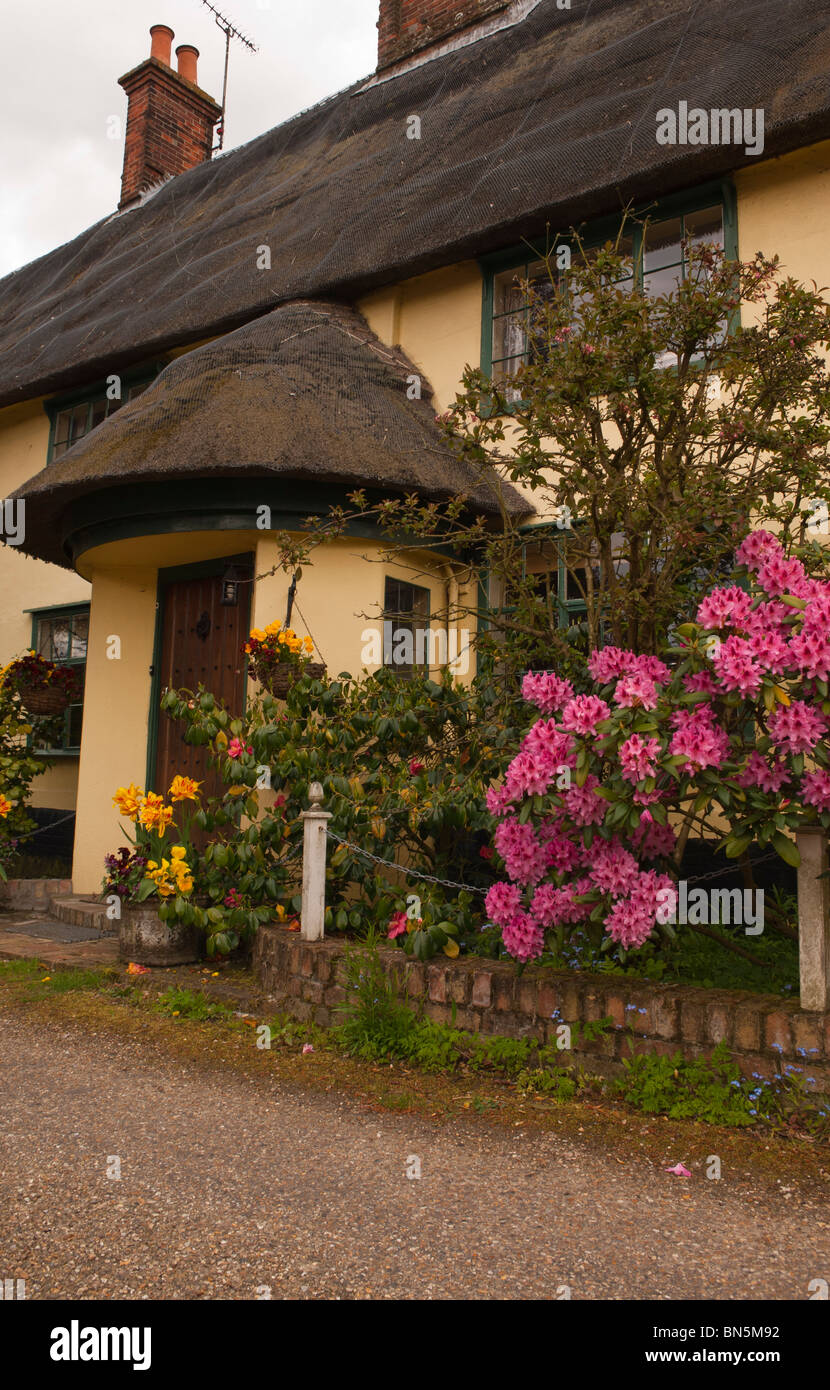 A pretty thatched cottage at Peasenhall in Suffolk , England , Great Britain , Uk Stock Photo
