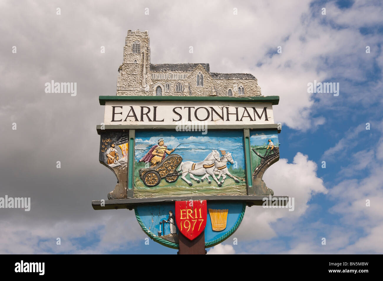 The village sign of Earl Stonham in Suffolk , England , Great Britain