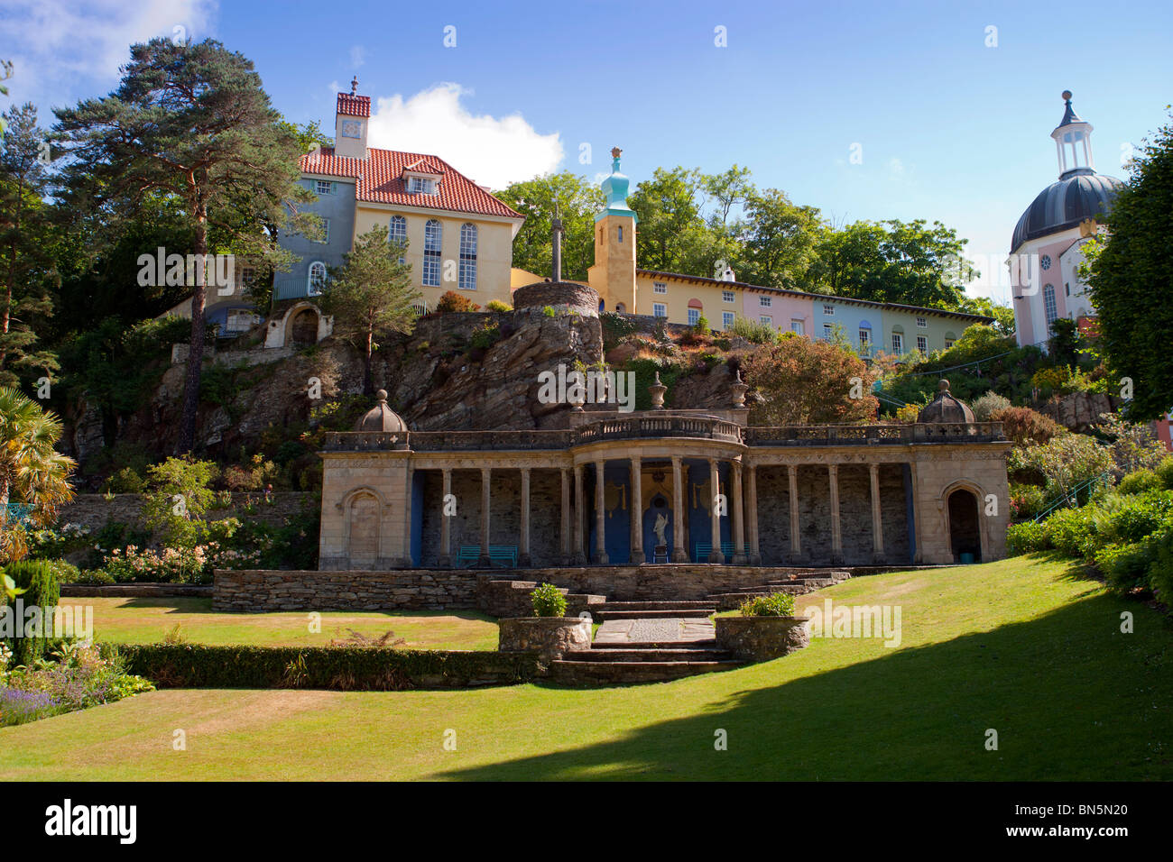 The coastal holiday village of Portmeirion in north Wales made famous as the location for filming 'The Prisoner' for TV Stock Photo