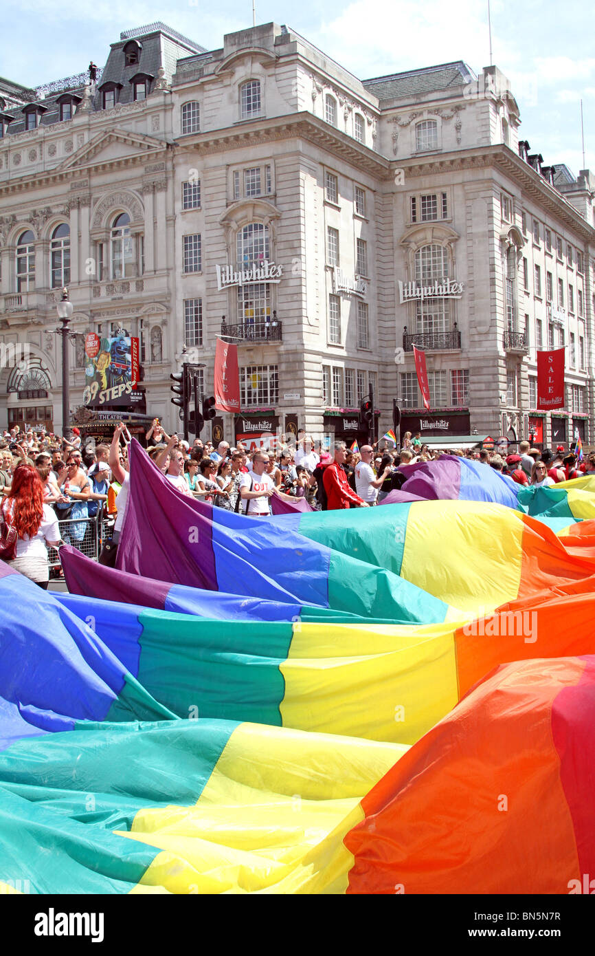 Rainbow Flag in Regent Street at the 40th Anniversary of Pride - Gay Pride Parade in London, 3rd July 2010 Stock Photo