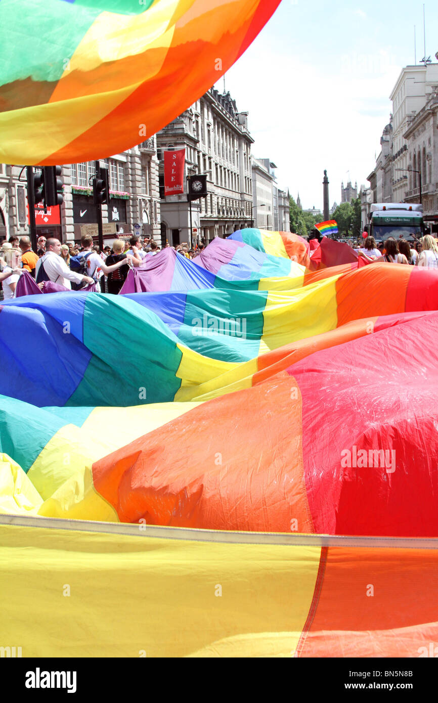 Rainbow flags in Regent Street at the 40th Anniversary of Pride - Gay Pride Parade in London, 3rd July 2010 Stock Photo