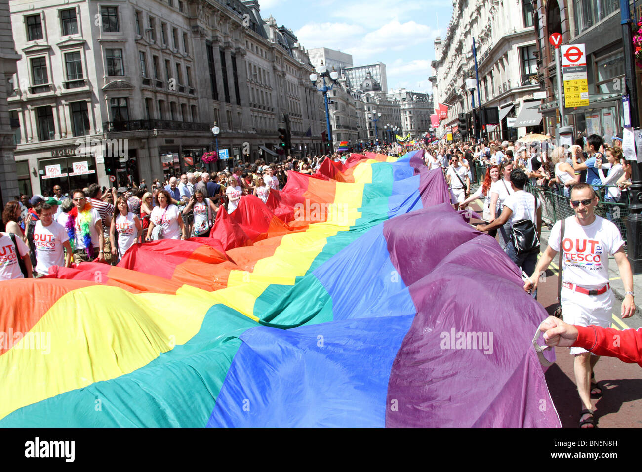 Rainbow flag in Regent Street at the 40th Anniversary of Pride - Gay Pride Parade in London, 3rd July 2010 Stock Photo