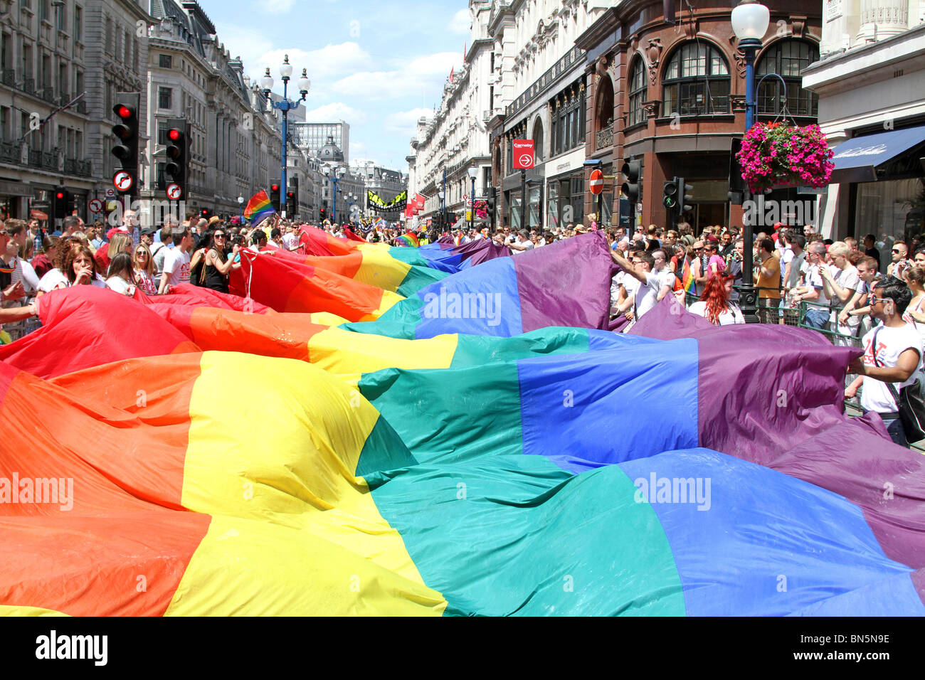 Rainbow flag in Regent Street at the 40th Anniversary of Pride - Gay Pride Parade in London, 3rd July 2010 Stock Photo