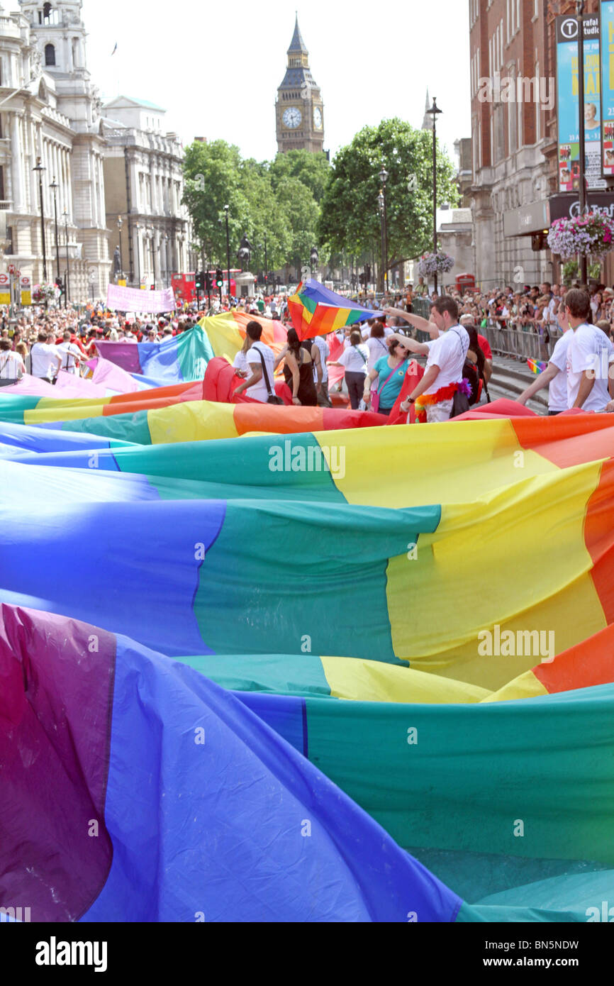 Rainbow Flag in Whitehall at the 40th Anniversary of Pride - Gay Pride Parade in London, 3rd July 2010 Stock Photo