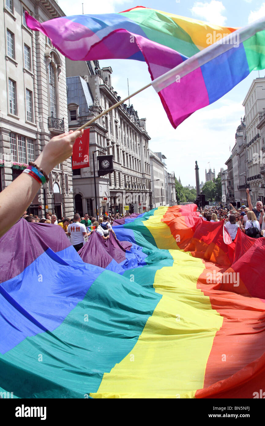 Rainbow flags in Regent Street at the 40th Anniversary of Pride - Gay Pride Parade in London, 3rd July 2010 Stock Photo