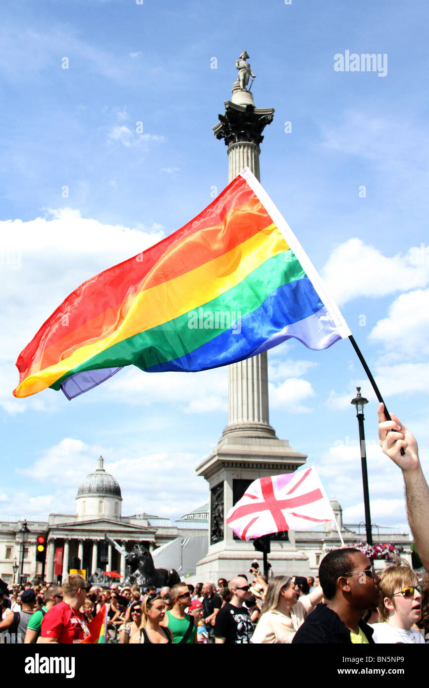 Rainbow flag at Trafalgar Square and Nelsons Column at the 40th Anniversary of Pride - Gay Pride Parade in London, 3rd July 2010 Stock Photo