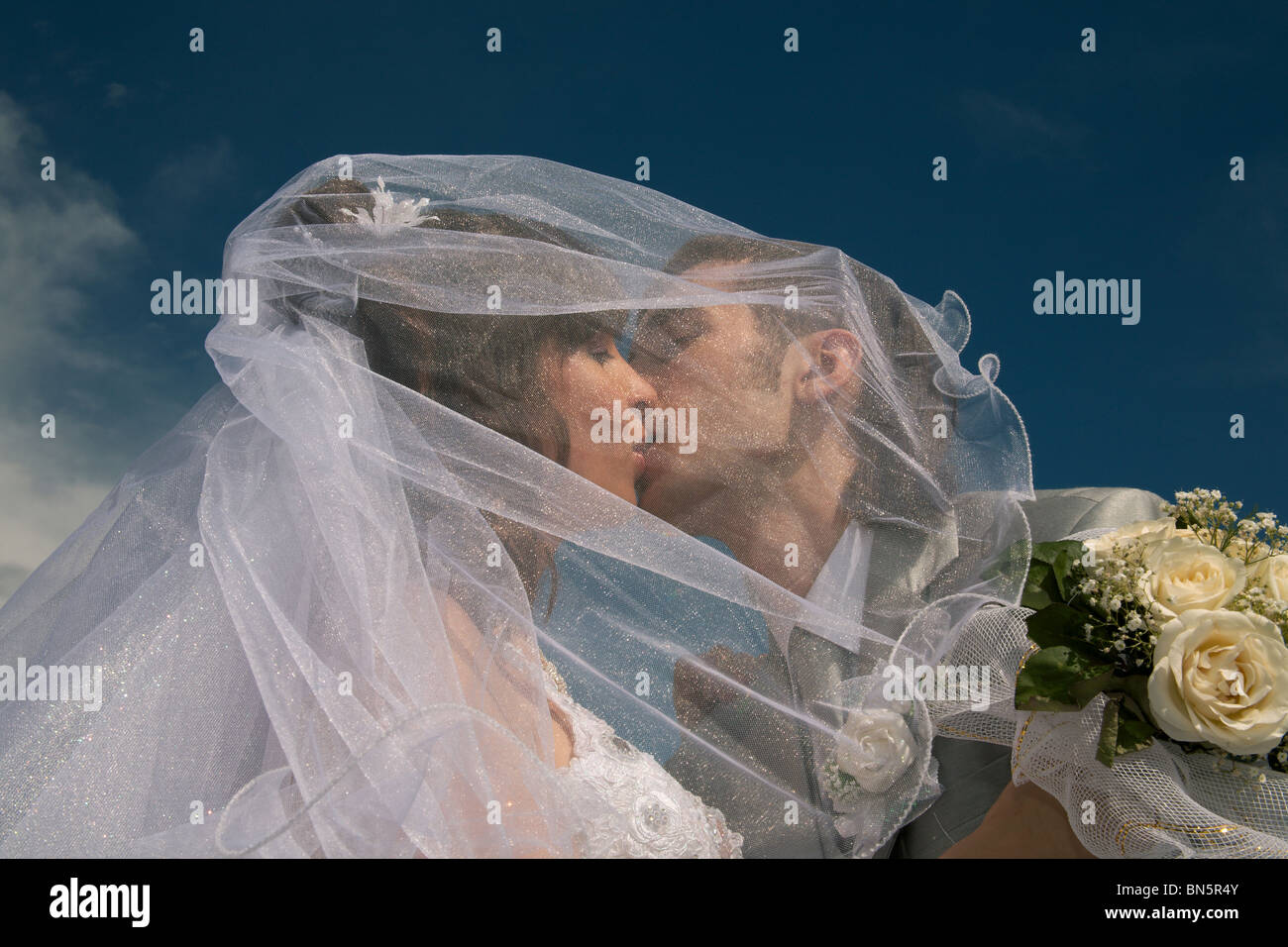 Groom and the bride embrace on a background of the dark blue sky Stock ...