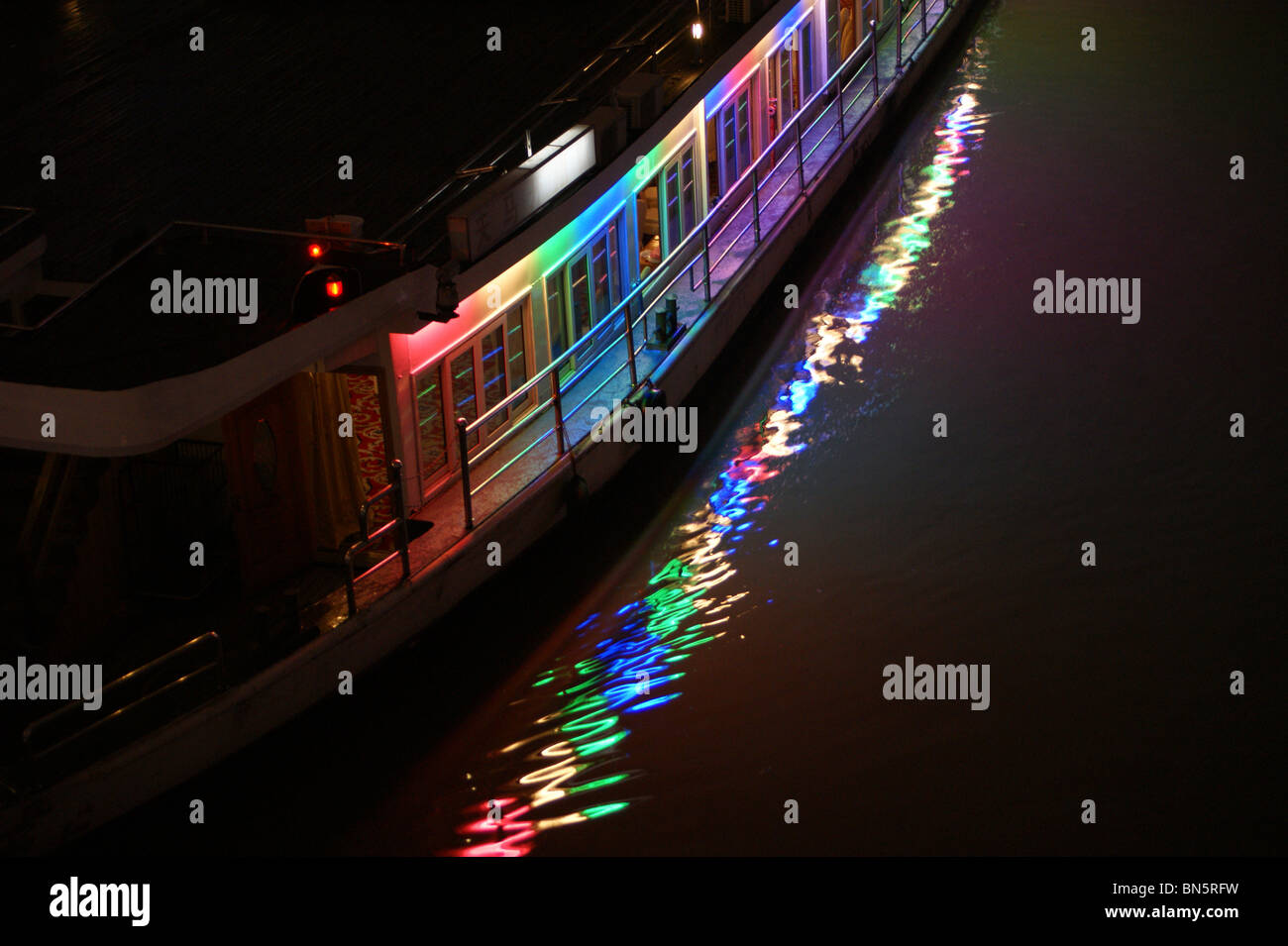 Neon light on a cruise boat, Ningbo city, Zheijang province, China Stock Photo