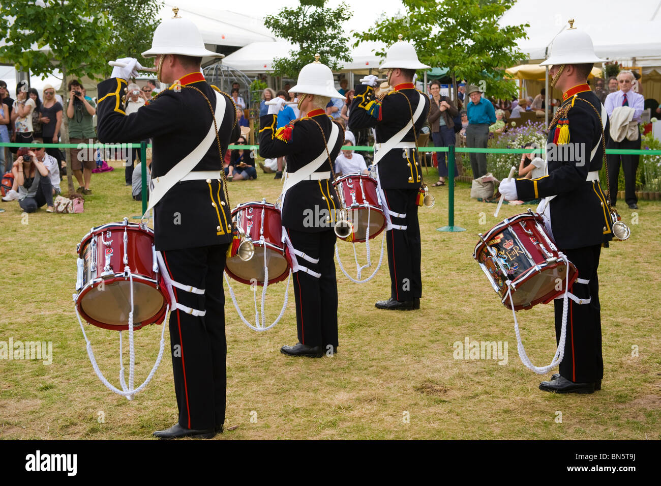 Royal Marines Corps of Drums from CTC Lympstone performing at Hay Festival 2010 Hay on Wye Powys Wales UK Stock Photo