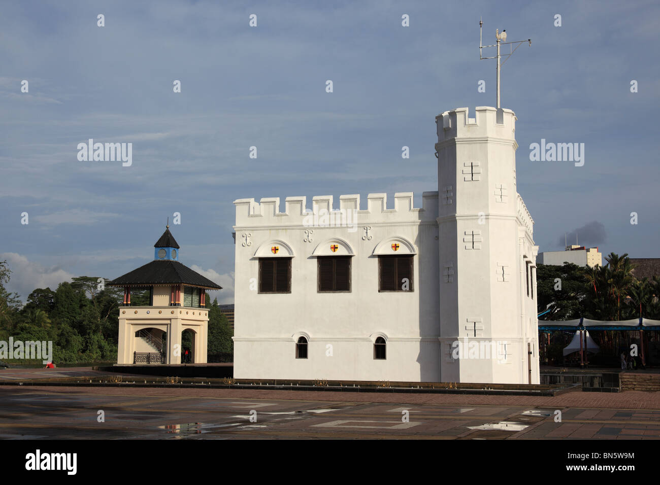 Kuching waterfront with the old Courthouse building and observation tower Stock Photo