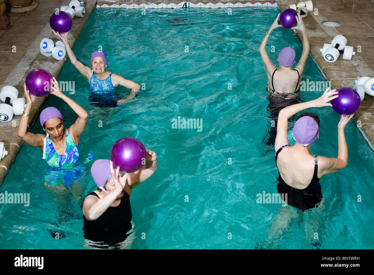 senior women exercising is pool holding purple balls Stock Photo Alamy