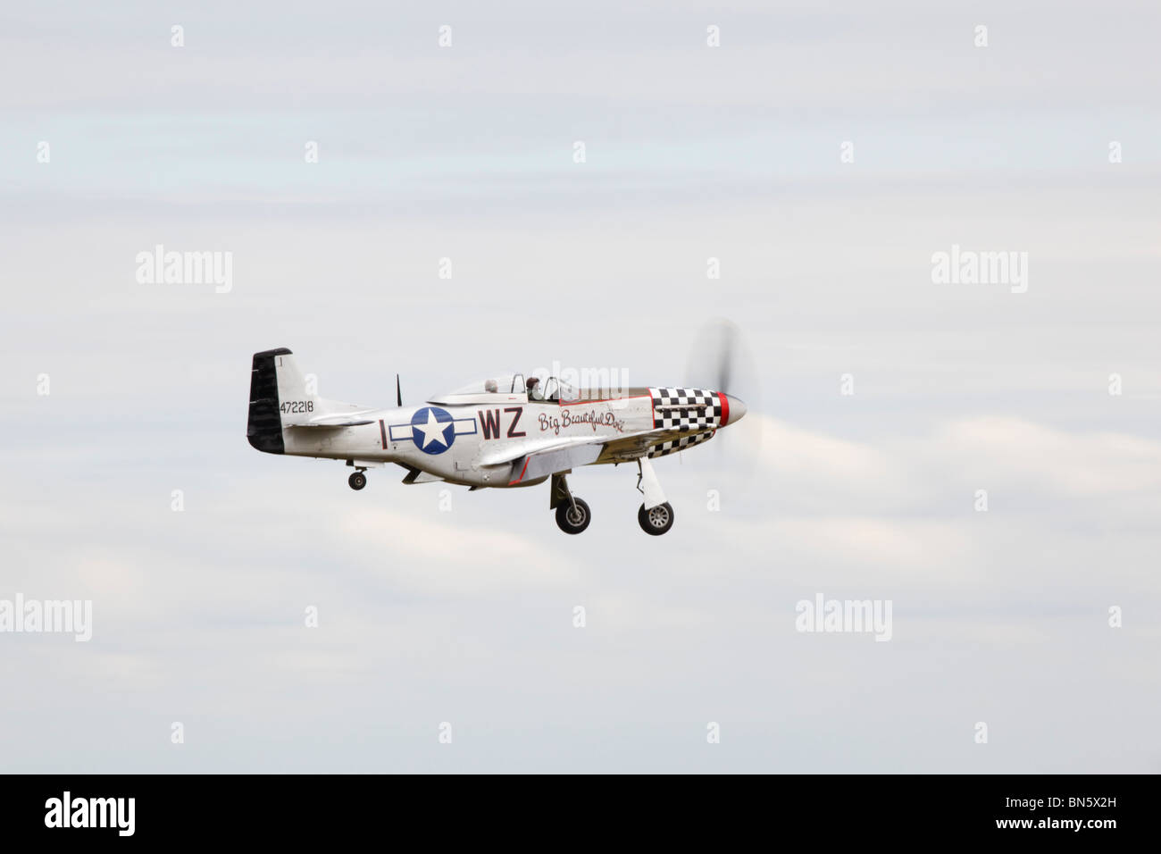 P51 Mustang 'Big Beautiful Doll' on approach to RAF Waddington International Airshow - arrivals 02 July 2010 Stock Photo