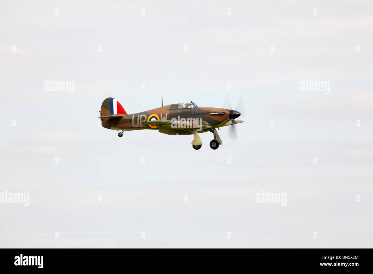 Privately owned Hawker Hurricane Mk1 approaches RAF Waddington International Airshow - arrivals 02 July 2010 Stock Photo