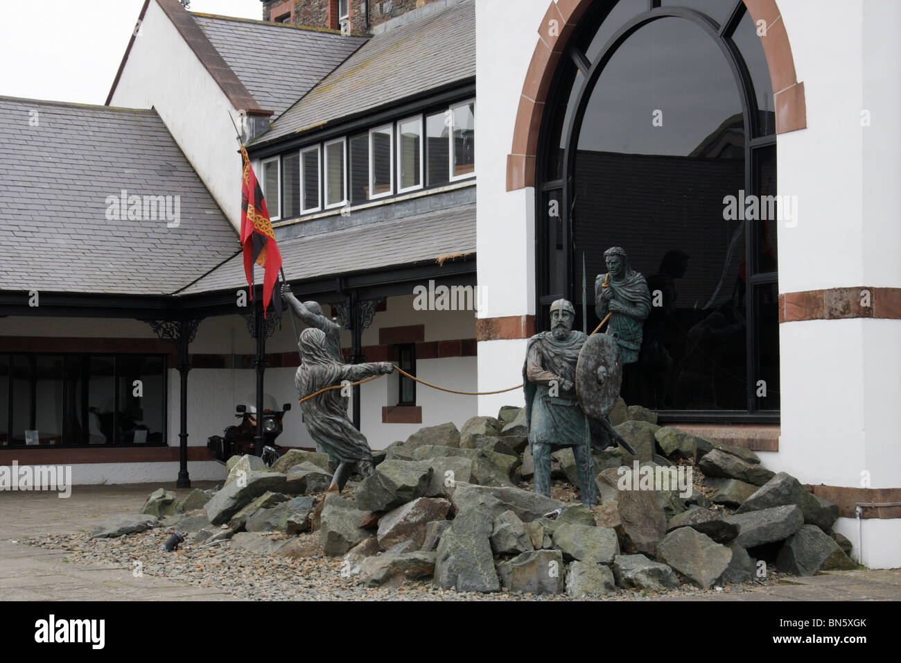 Viking statues outside the House of Manannan in Peel, Isle of Man. It