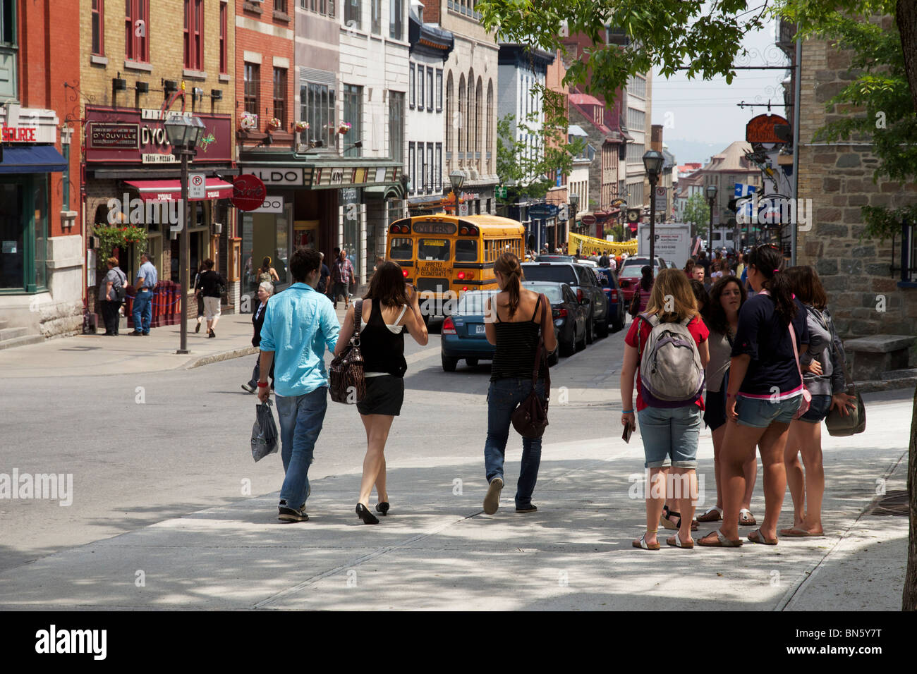 Late spring sunny day. Rue Saint-Jean. Quebec City, Canada. Stock Photo