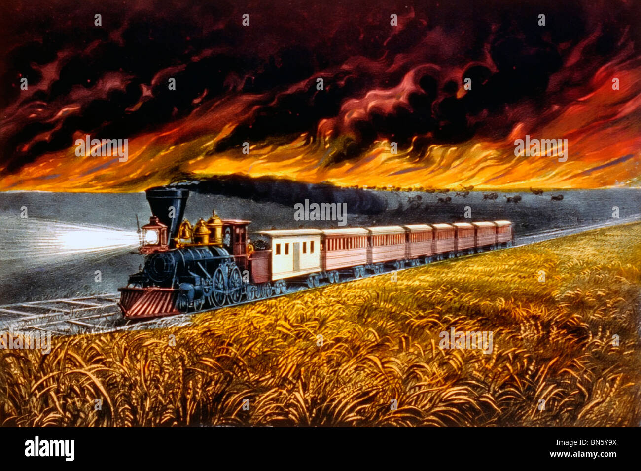 Prairie fires of the great west - Train traveling across prairie ahead of fire. circa 1872 USA Stock Photo