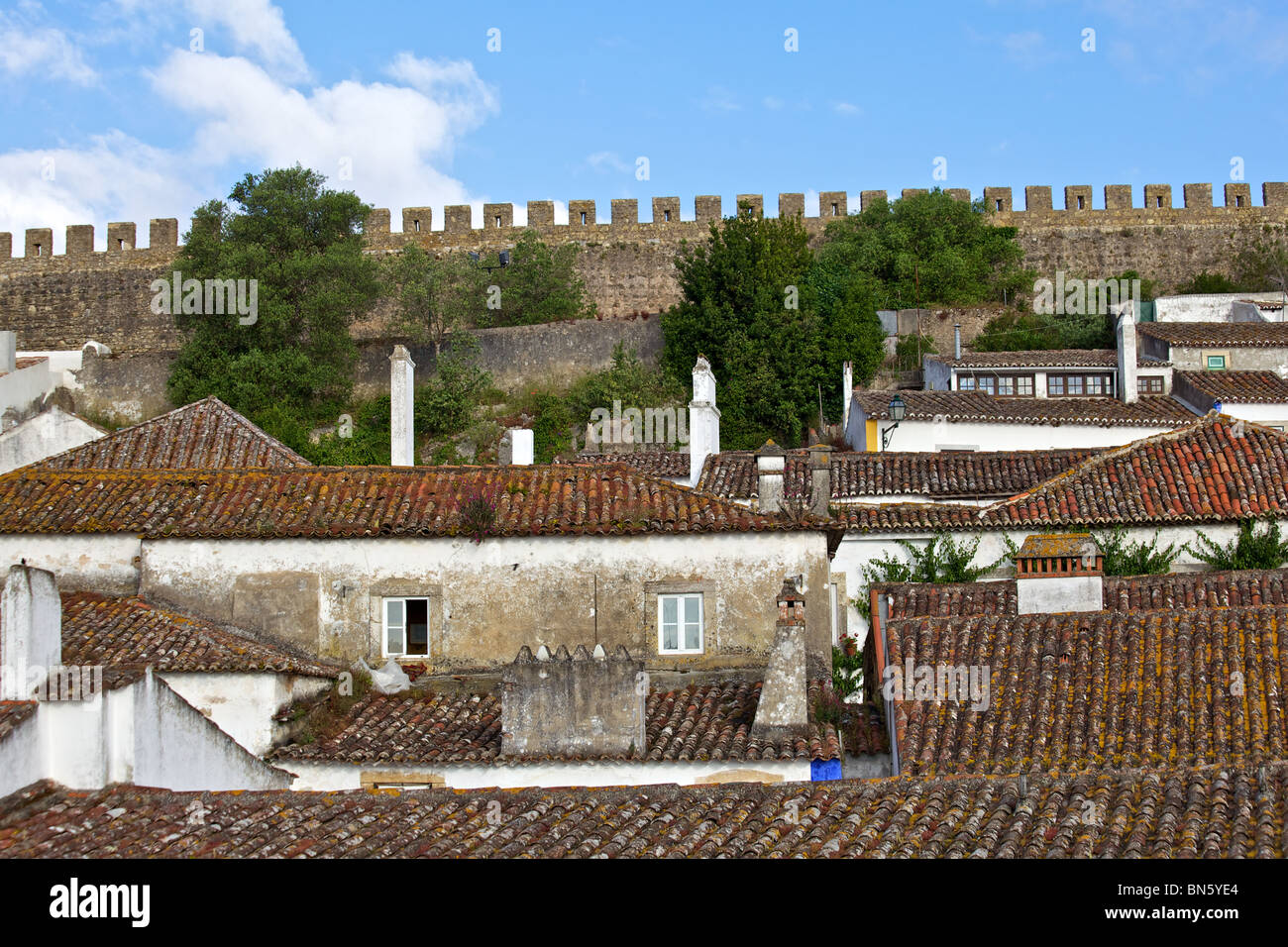 The Medieval Fortified Walled Castle Village of Obidos Stock Photo