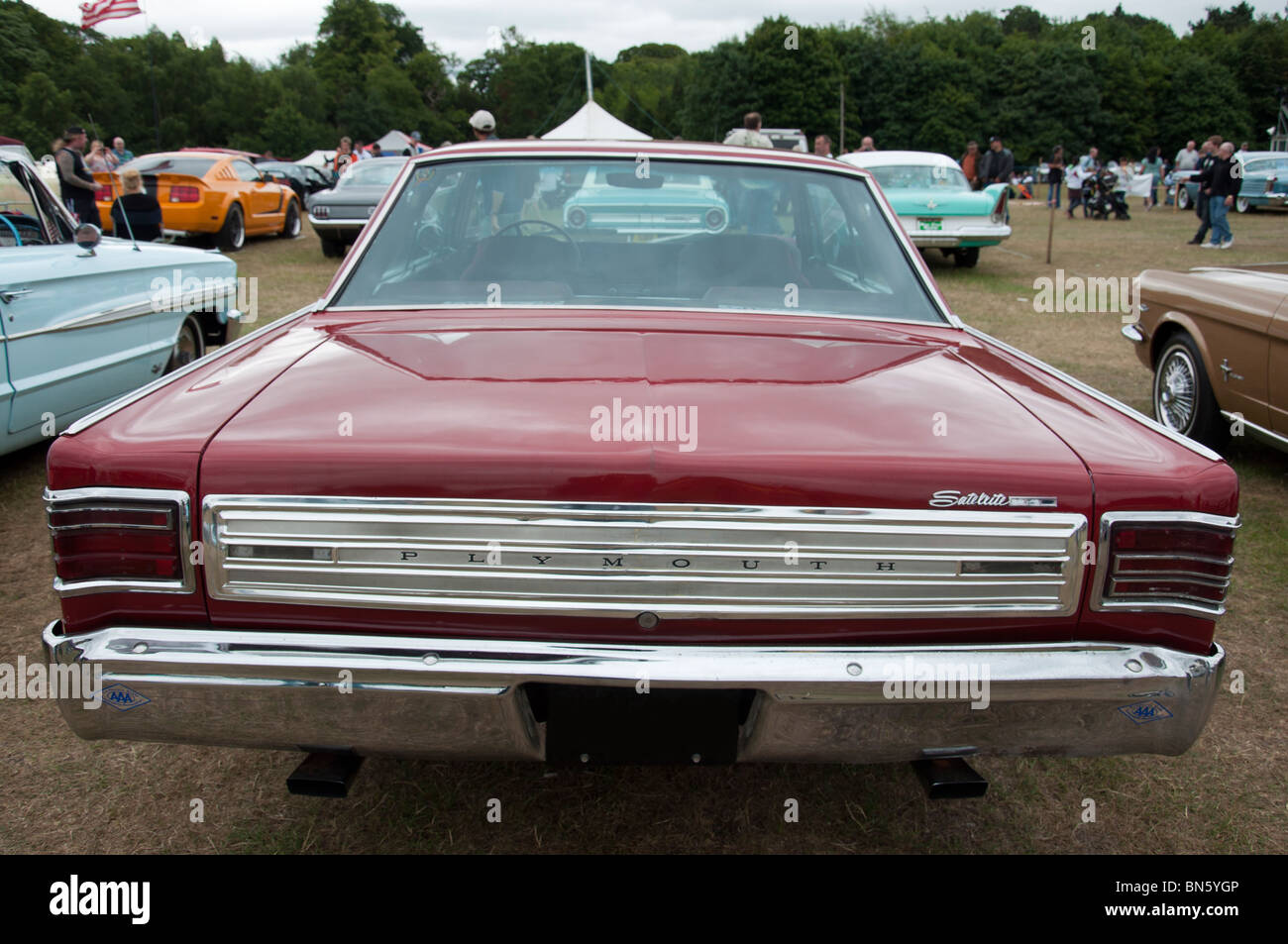 The back of a 1966 Plymouth Satellite car at an American car show on