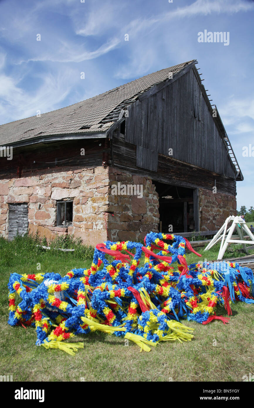 Traditional hanging baskets at the Midsummer festival on the Aland