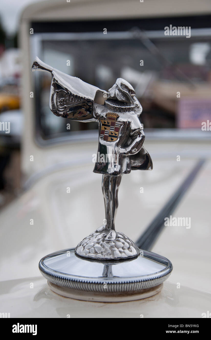 A radiator cap on a 1930's Cadillac car at an American car show on 4th