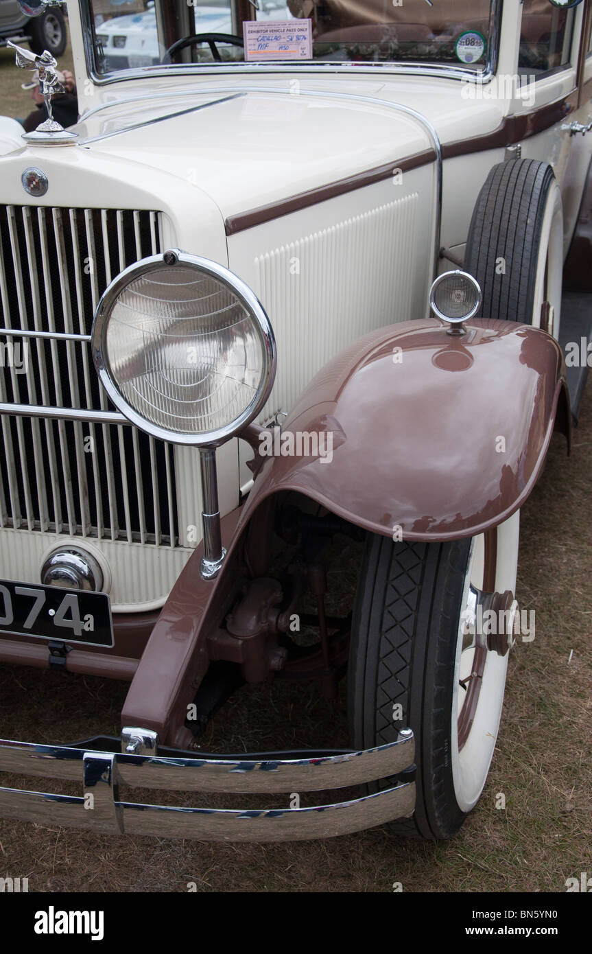 The front of a 1930's Cadillac car at an American car show on 4th July 'Independence day' in Tatton Park, Cheshire. Stock Photo
